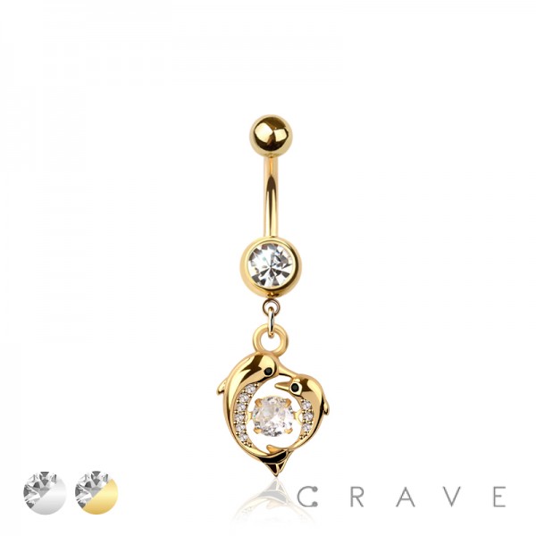 316L SURGICAL STEEL MULTI CZ DOLPHIN LOVE HEART BEZEL CENTER DANGLE BELLY BUTTON NAVEL RING 
